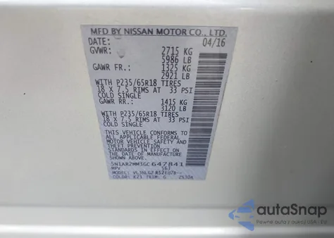 2016 Nissan Pathfinder Platinum/S/Sl/Sv from USA, damaged, VIN 5N1AR2MM3GC647841